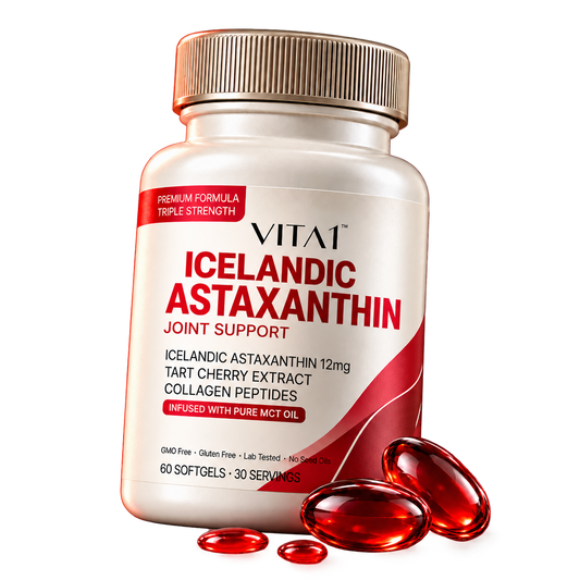 VITA1 Icelandic Astaxanthin 12mg bottle and red softgels.
