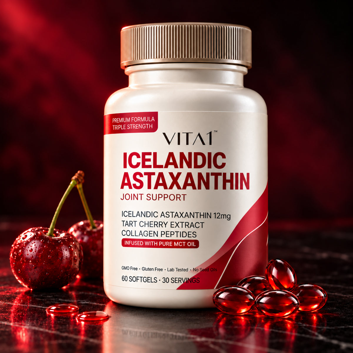 VITA1 Icelandic Astaxanthin 12mg bottle with cherries and red softgels.