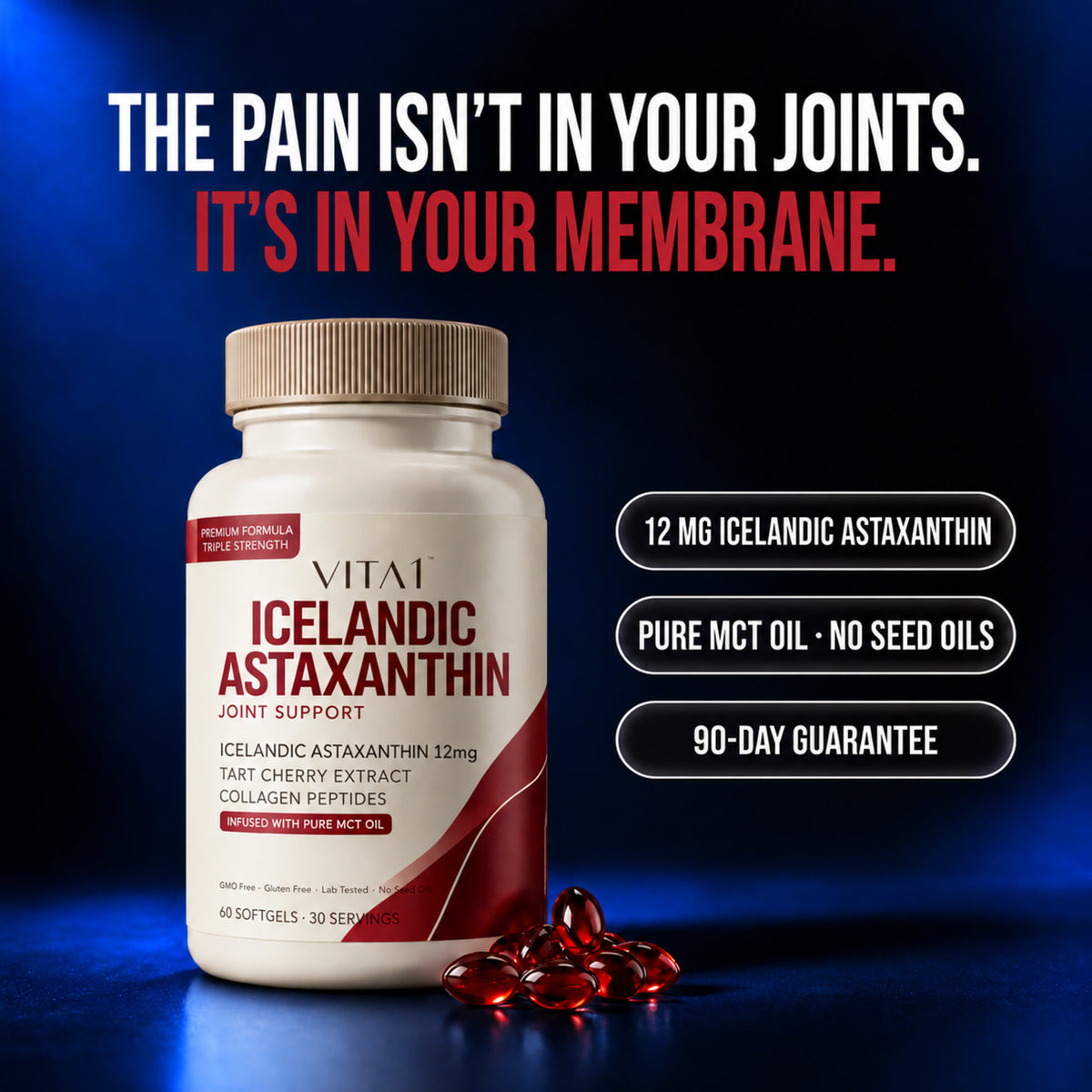 VITA1 Icelandic Astaxanthin bottle, 12mg, red label on original-style deep blue background.