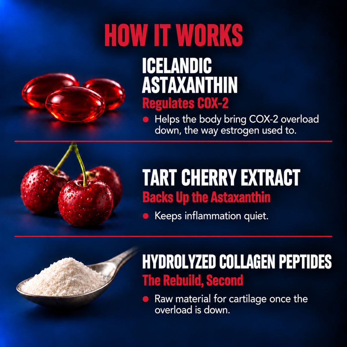 How it works: Icelandic Astaxanthin — Regulates COX-2; Tart Cherry Extract — Backs Up the Astaxanthin; Hydrolyzed Collagen Peptides — The Rebuild, Second.