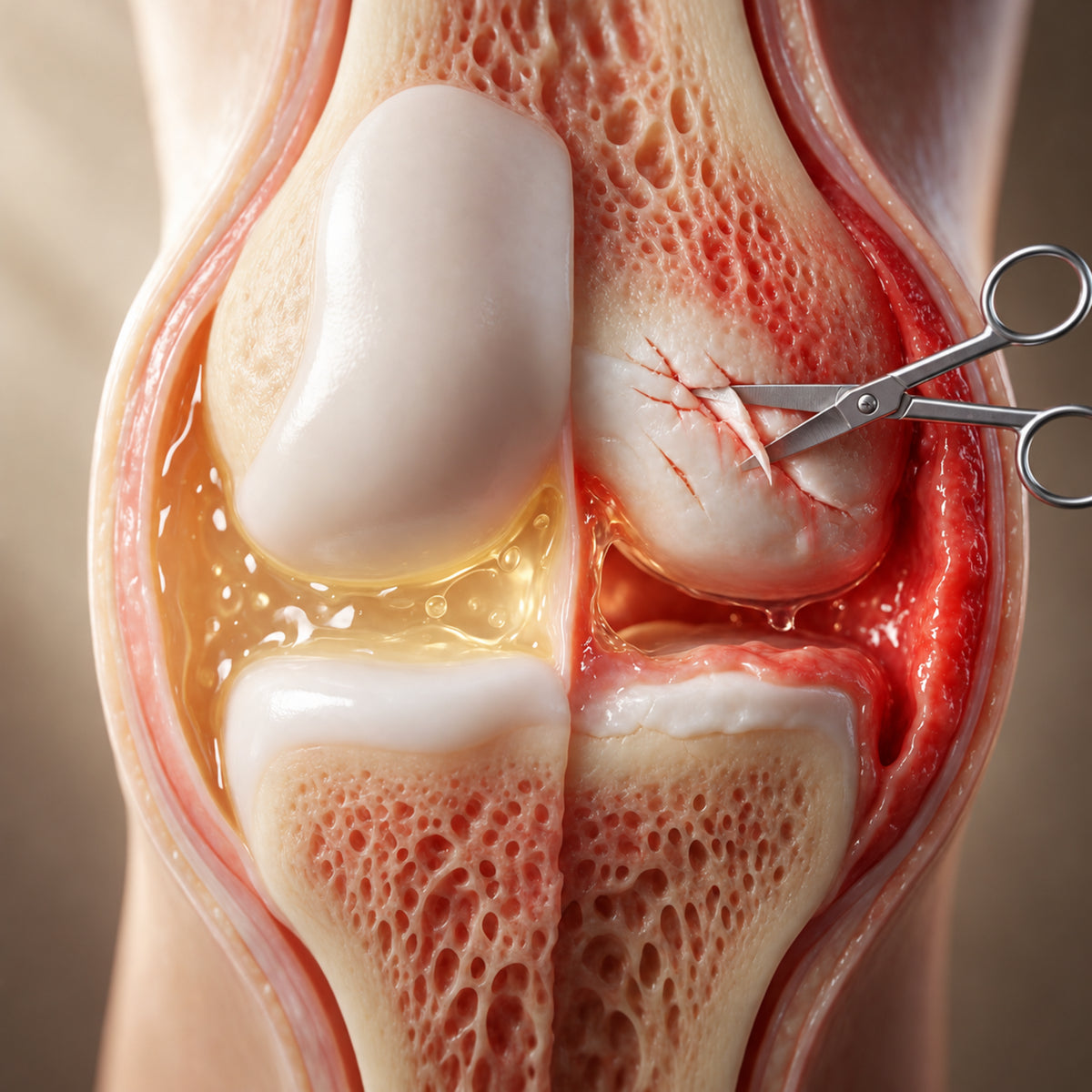 Conceptual knee-joint cross-section with silver scissors snipping the cartilage surface and fine tears beside red joint lining. No text.