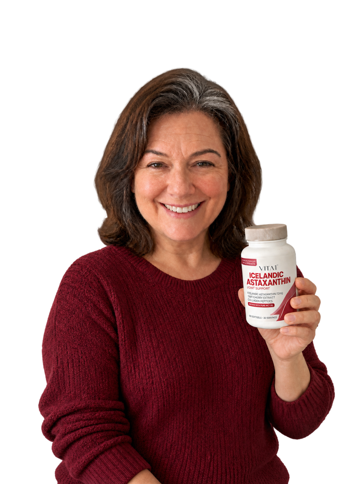 Woman holding a VITA1 Icelandic Astaxanthin 12mg bottle.