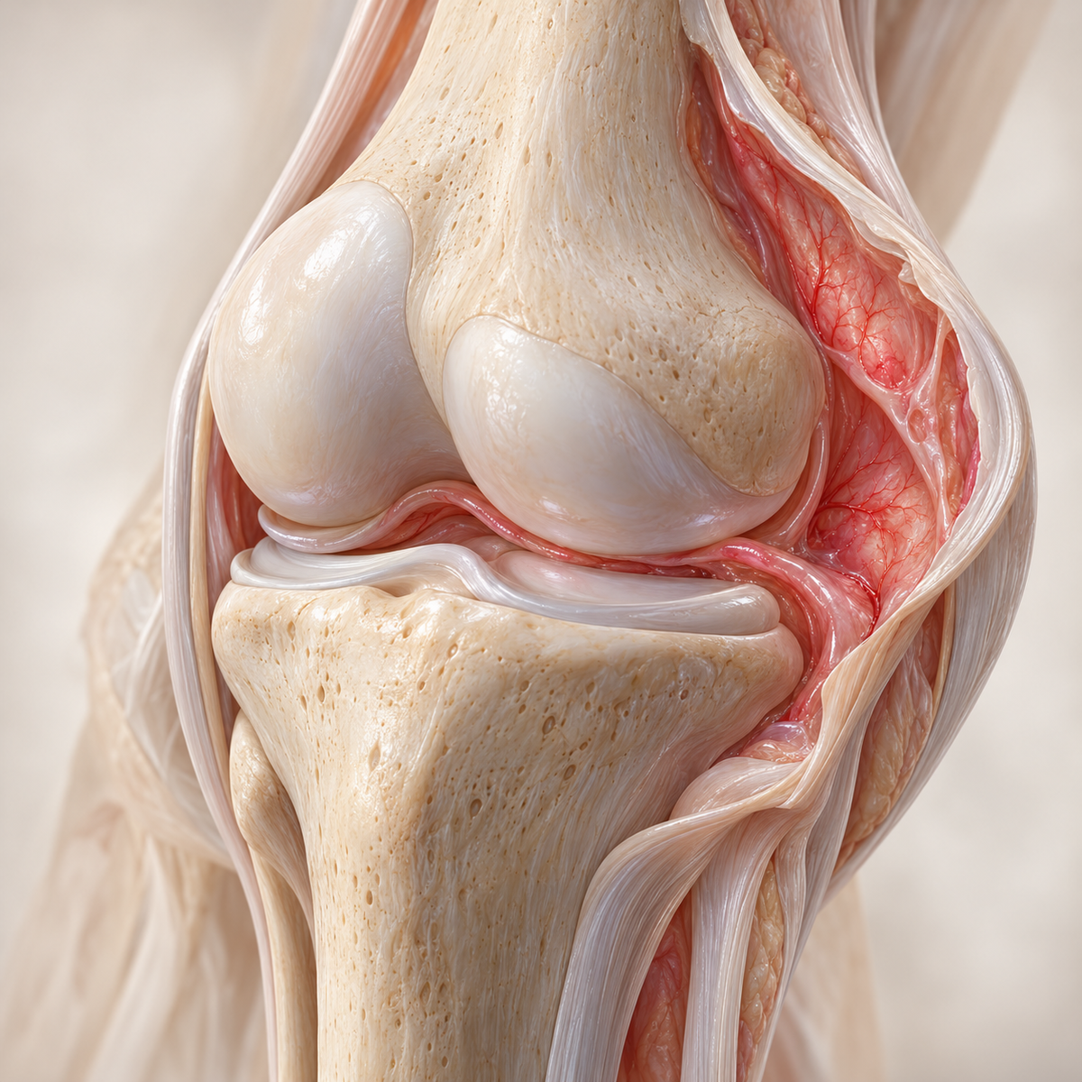 Illustrative knee cutaway showing the red inner joint lining