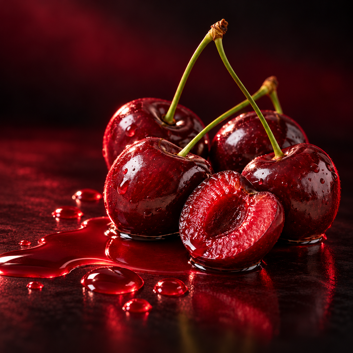 Ruby tart cherries and juice droplets