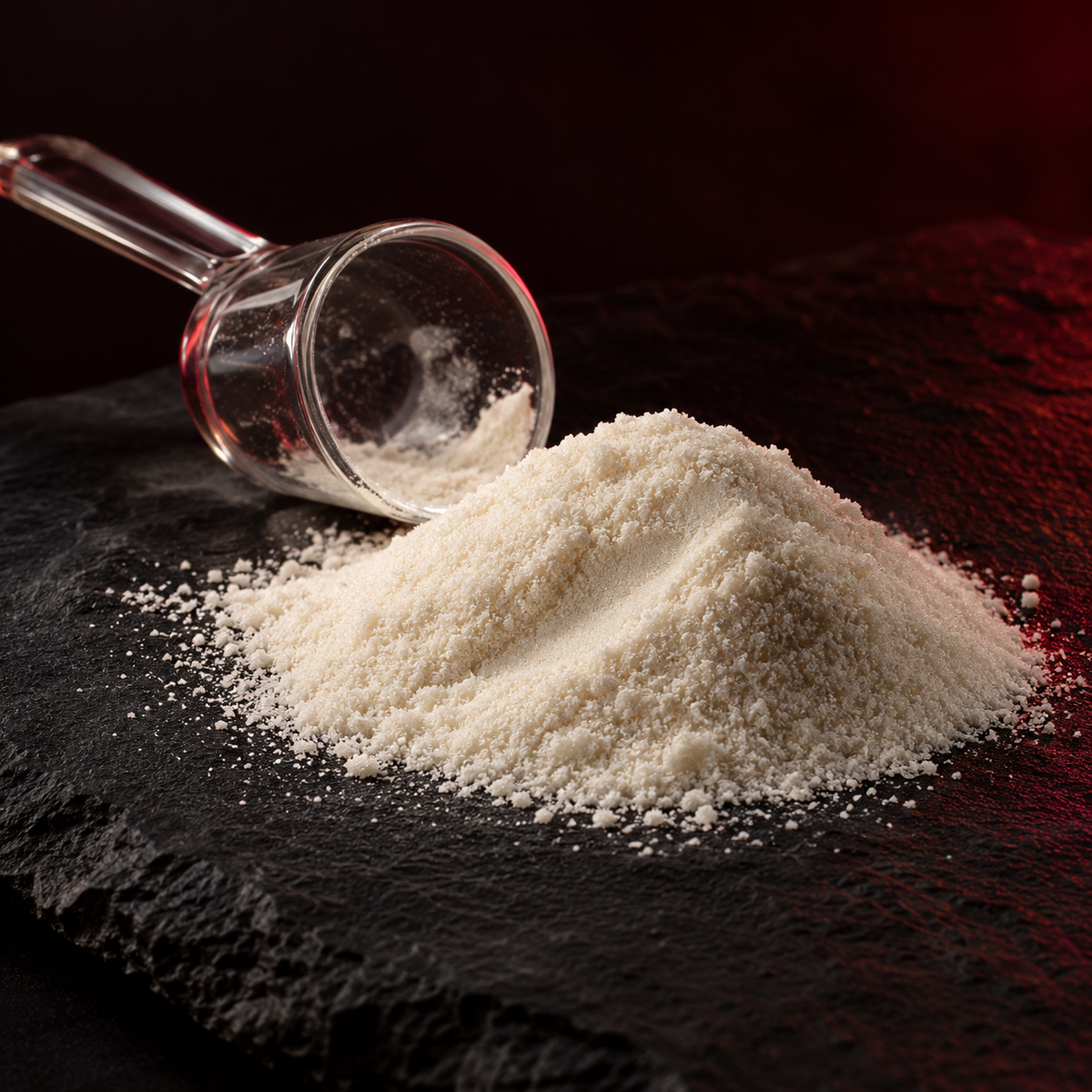 Close-up of hydrolyzed collagen powder and a clear glass scoop